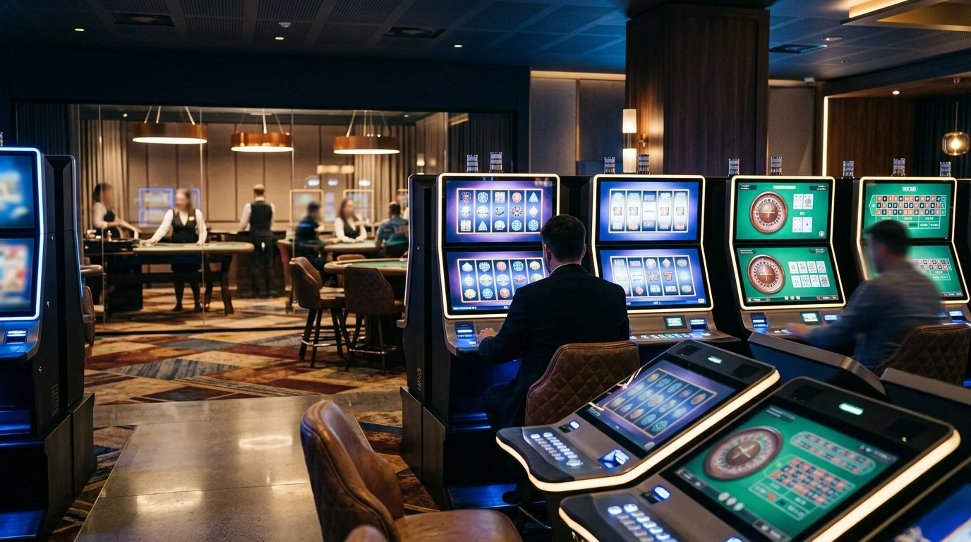 Generic collage of slot reels and live casino tables without real game branding
