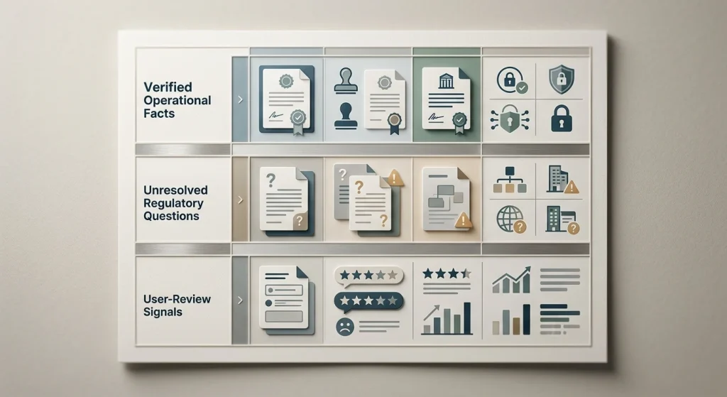 Editorial trust matrix separating verified facts, unresolved items and player review signals