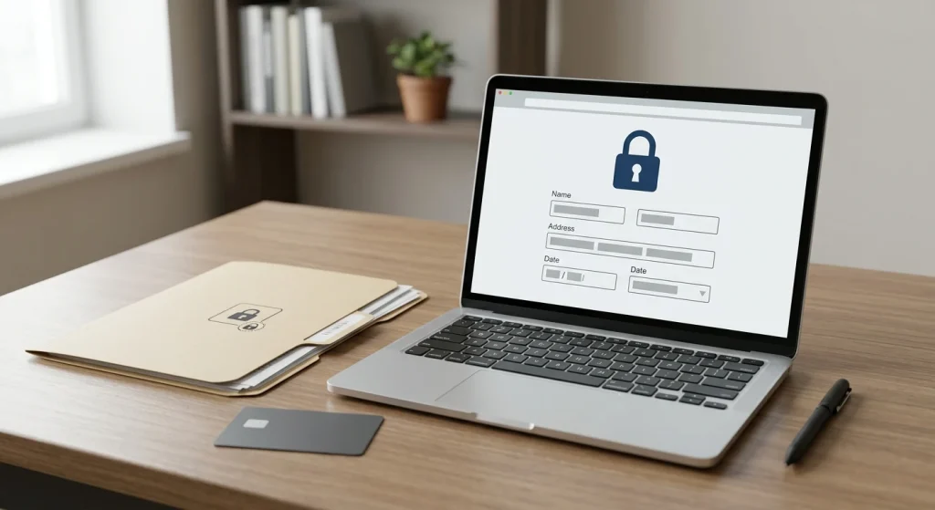 Generic account registration and identity verification checklist with secure credentials and document readiness
