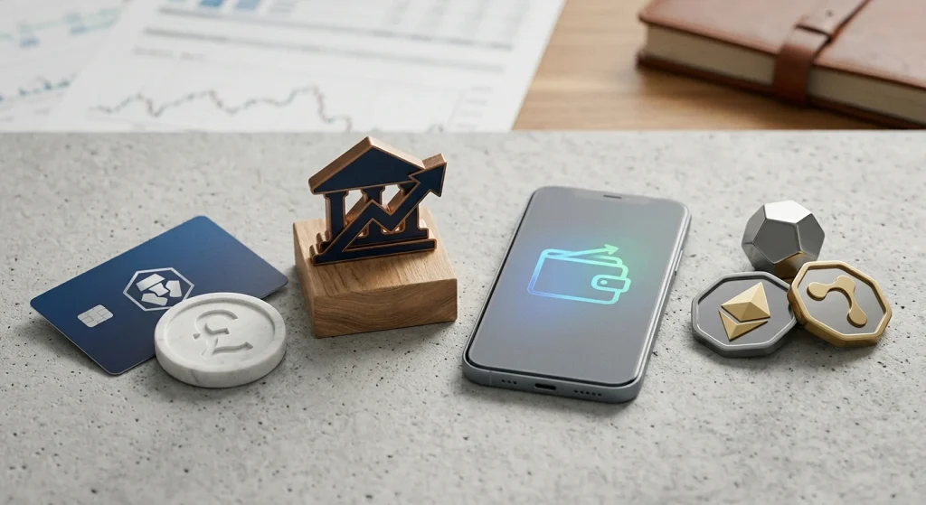Generic GBP payment comparison with debit card, bank transfer, digital wallet and cryptocurrency symbols