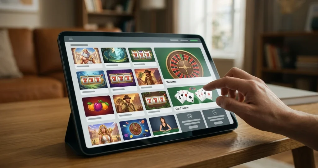 Generic illustration of online slot reels, cards and roulette representing a varied casino game library