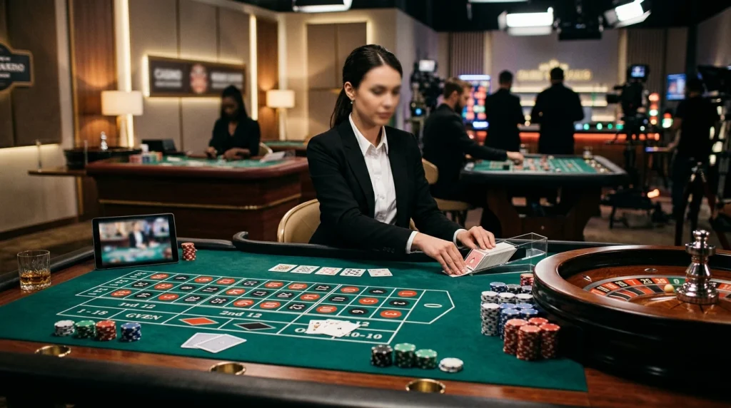 Generic live dealer casino table scene with cards, roulette layout and studio lighting, without logos or game interfaces