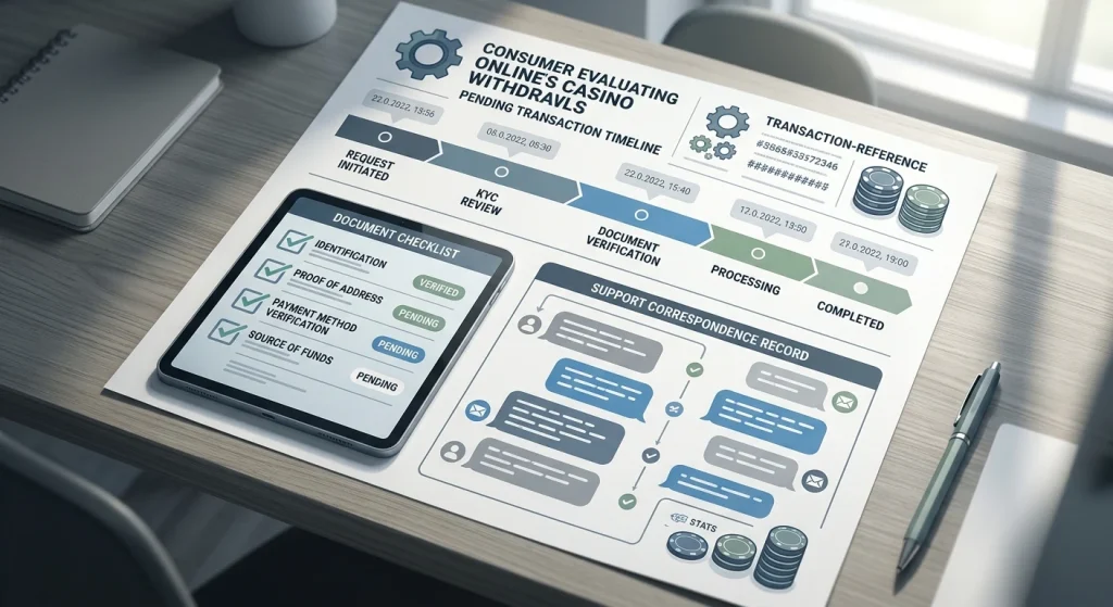 Generic withdrawal review illustration with pending transaction timeline, document checklist and support record symbols