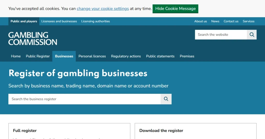 UK Gambling Commission public business register search used to check Magic Win and its domain